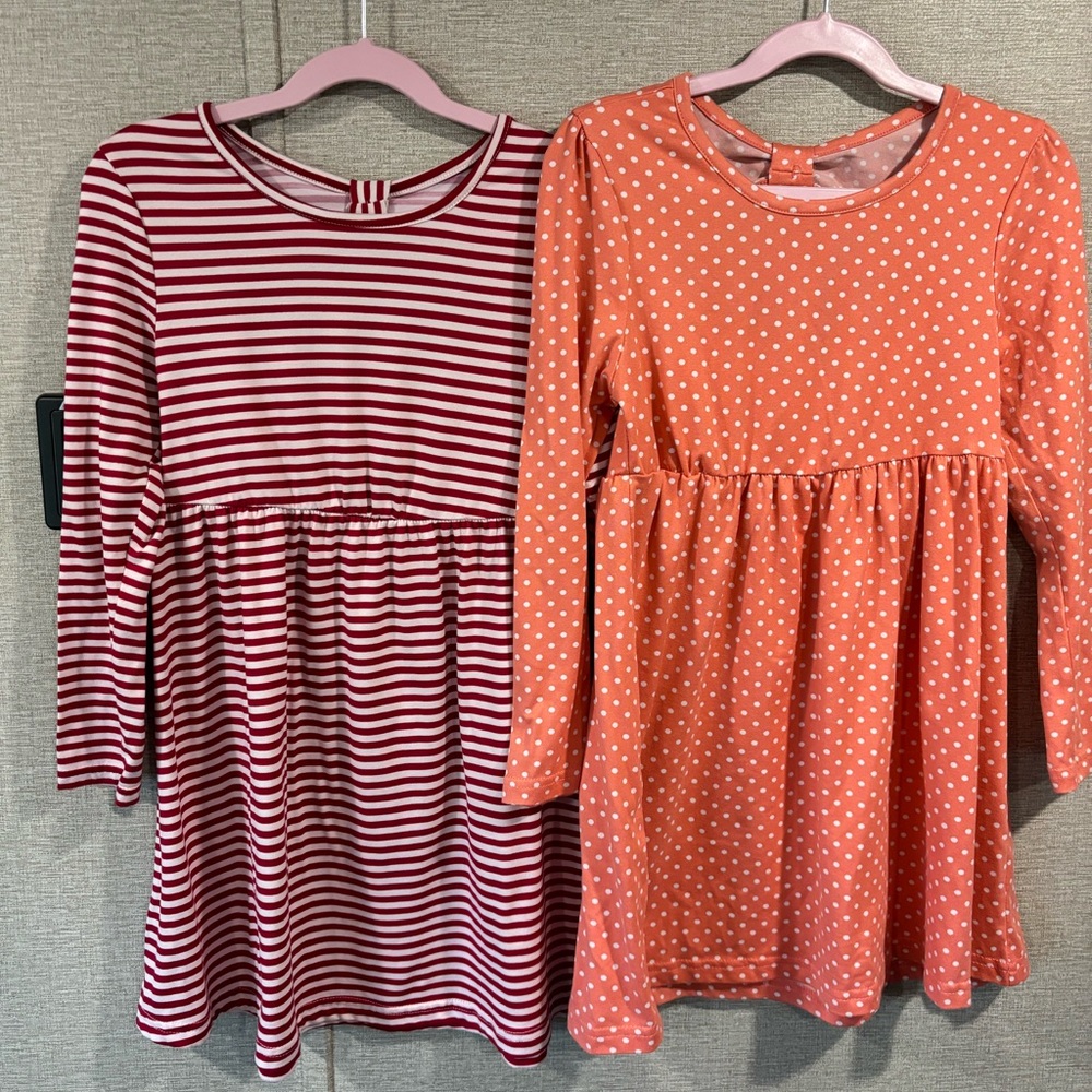 Set of little girl’s dresses - red and white stripe, peach polka dot